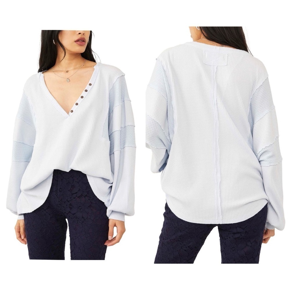 Free People Sweater Women Size Small Baby Blue Callisto Henley Patchwork sweater - Picture 15 of 16